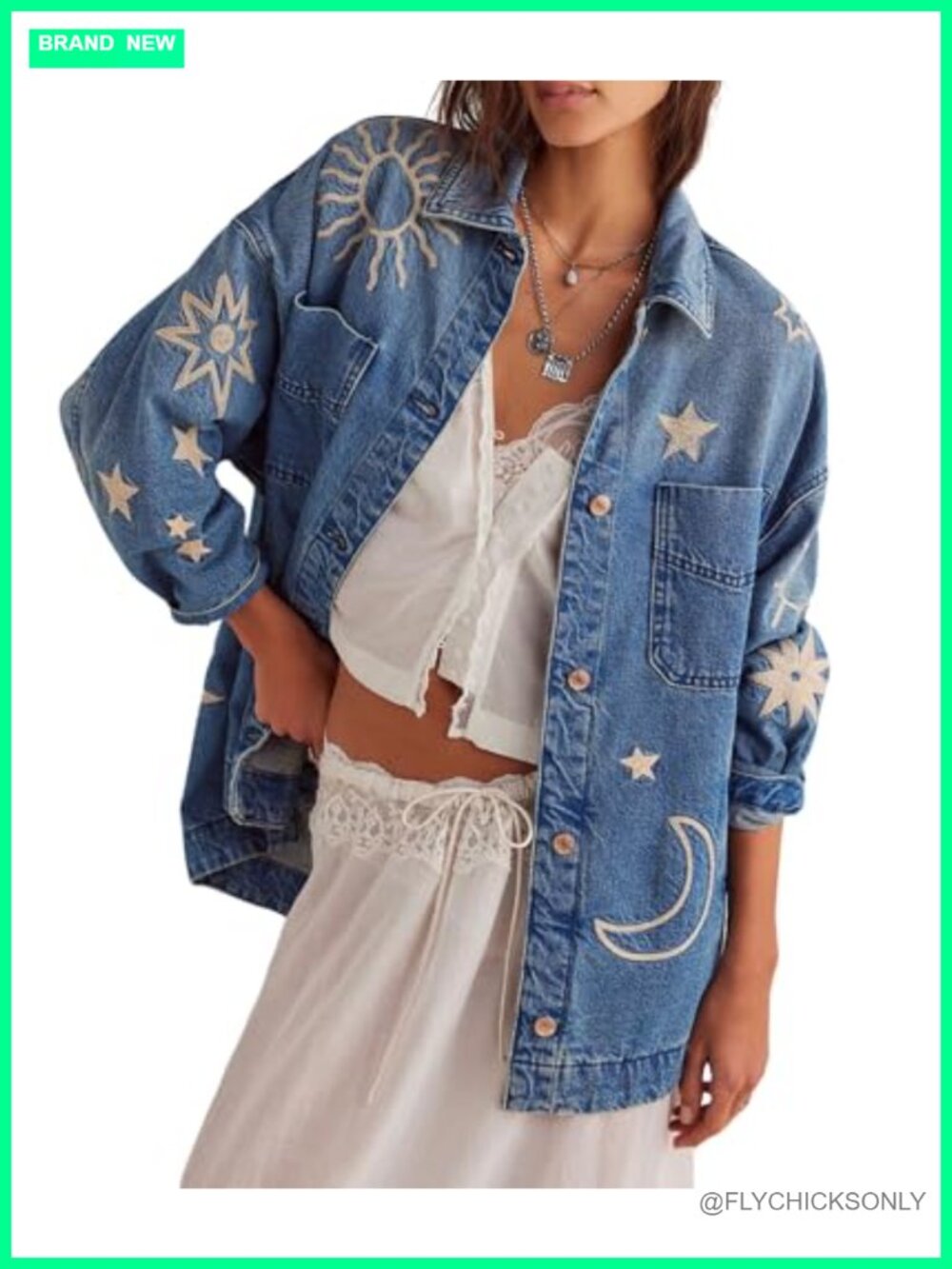Oversized Boyfriend Embroidered Denim Jacket Button Up Trucker Coat